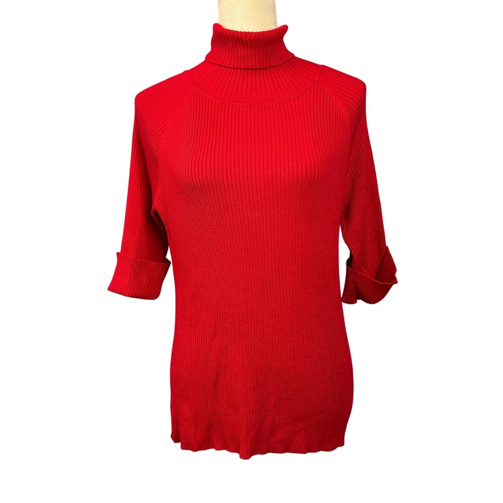 Red Ribbed Turtleneck Fold Up Tab 3/4 Sleeves Boutique Womens Large Classic Y2K